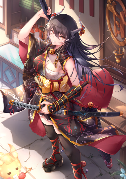 Anime picture 794x1123 with original yue ying jin feng single long hair tall image looking at viewer fringe breasts black hair smile hair between eyes standing holding brown eyes cleavage outdoors traditional clothes japanese clothes arm up horn (horns)