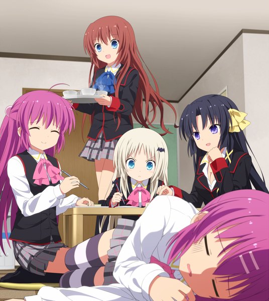 Anime picture 921x1031 with little busters! key (studio) noumi kudryavka kurugaya yuiko saigusa haruka futaki kanata a-chan senpai haribote (tarao) long hair tall image open mouth blue eyes black hair smile brown hair purple eyes multiple girls purple hair white hair eyes closed