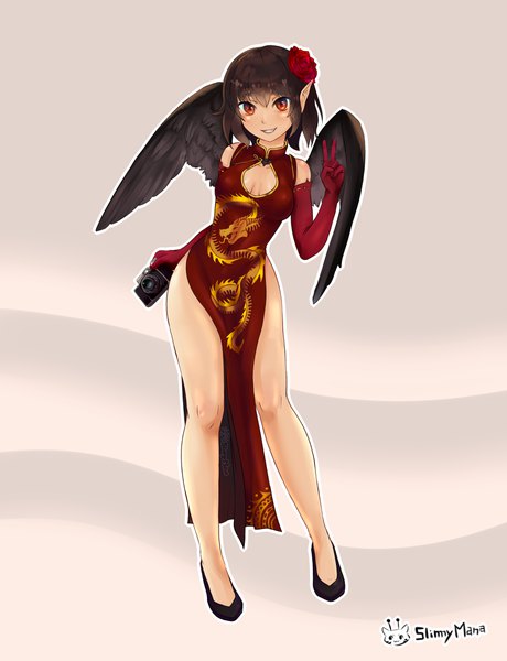 Anime picture 3300x4300 with touhou shameimaru aya slimymana single tall image looking at viewer highres short hair light erotic smile red eyes brown hair signed absurdres full body traditional clothes parted lips hair flower pointy ears bare legs