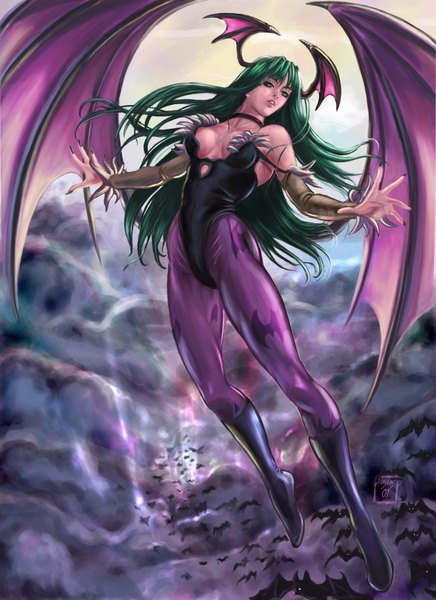 Anime picture 1700x2338 with vampire / darkstalkers (game) capcom morrigan aensland solusemsu single long hair tall image highres breasts open mouth light erotic bare shoulders green eyes looking away cleavage cloud (clouds) fingernails green hair lips spread arms