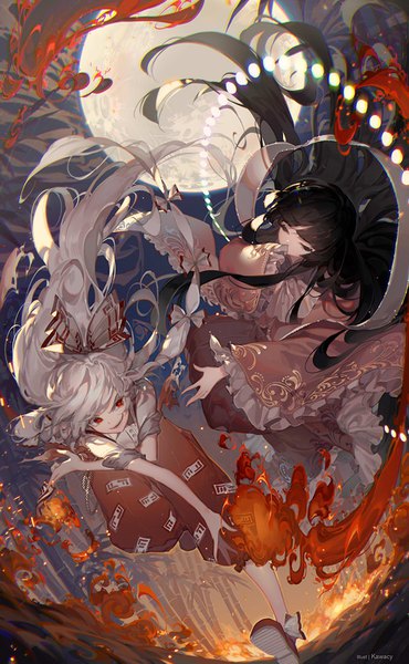 Anime picture 638x1034 with touhou fujiwara no mokou houraisan kaguya kawacy tall image fringe black hair smile red eyes multiple girls outdoors white hair blunt bangs very long hair traditional clothes japanese clothes wide sleeves magic running bamboo forest