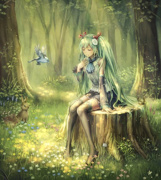 Anime picture 2000x2246 with vocaloid hatsune miku anbe yoshirou single tall image highres twintails eyes closed very long hair aqua hair girl thighhighs dress flower (flowers) black thighhighs plant (plants) detached sleeves animal tree (trees) bird (birds)