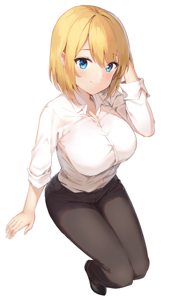 Anime picture 1669x2940 with original ym (pixiv2132273) single tall image looking at viewer blush fringe short hair breasts blue eyes blonde hair hair between eyes large breasts sitting payot full body long sleeves head tilt arm up from above