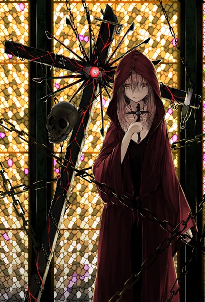 Anime picture 852x1255 with original solru (tyappygain) single long hair tall image looking at viewer blush red eyes holding pink hair sad hair over eyes nun bone (bones) girl dress hood chain cross red dress