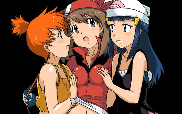 Anime picture 1680x1050 with pokemon pokemon rse nintendo dawn (pokemon) may (pokemon) misty (pokemon) kakkii long hair short hair breasts open mouth blue eyes light erotic smile brown hair wide image multiple girls brown eyes blue hair ponytail