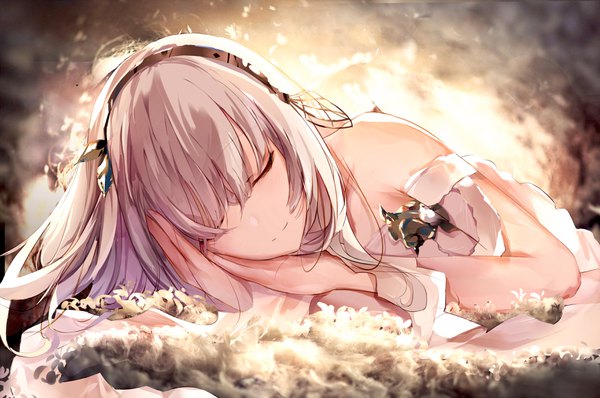 Anime picture 3500x2327 with fate (series) fate/grand order anastasia (fate) eien no juu nana-sa single long hair blush fringe highres absurdres silver hair lying eyes closed hair over one eye on side sleeping backlighting girl headband