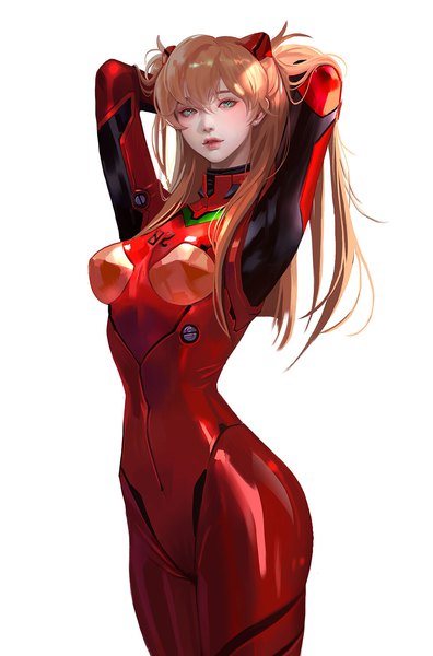 Anime picture 1000x1514 with neon genesis evangelion gainax soryu asuka langley shikinami asuka langley coco kim single long hair tall image looking at viewer blush fringe breasts blue eyes simple background hair between eyes large breasts standing white background parted lips lips