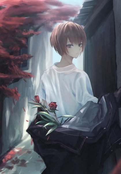Anime picture 2860x4090 with original 7ife single tall image looking at viewer highres short hair brown hair brown eyes outdoors looking back denim boy flower (flowers) rose (roses) red rose denim jacket