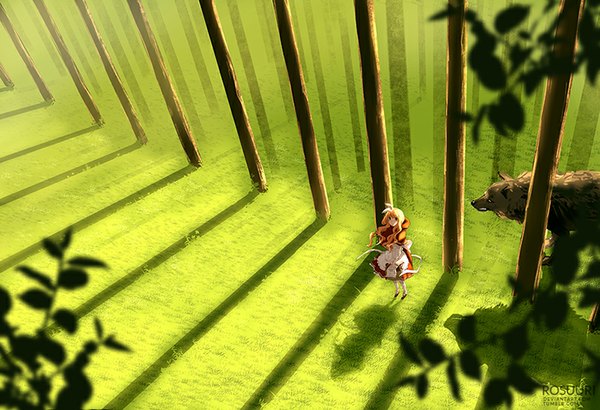 Anime picture 800x547 with little red riding hood little red riding hood (character) big bad wolf rosuuri long hair blonde hair standing from above wind sunlight shadow sunbeam girl plant (plants) animal tree (trees) hood leaf (leaves) cape apron