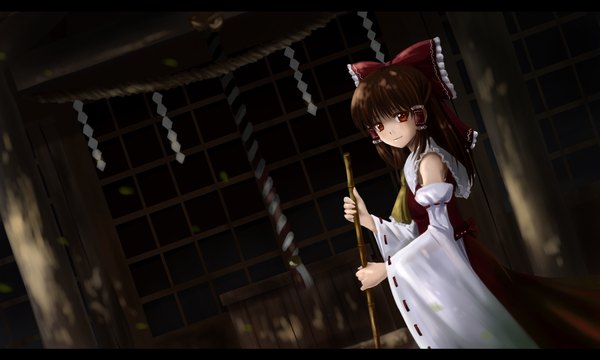 Anime picture 1200x720 with touhou hakurei reimu chien zero single long hair red eyes brown hair wide image traditional clothes miko girl bow hair bow detached sleeves