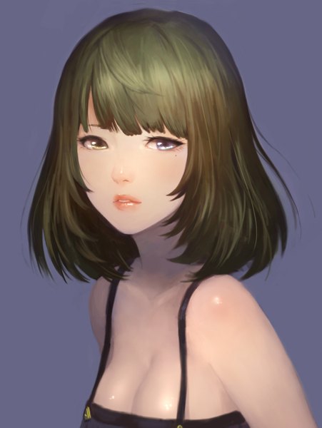 Anime picture 1000x1331 with idolmaster idolmaster cinderella girls takagaki kaede meto31 single tall image looking at viewer fringe short hair breasts blue eyes simple background brown hair green eyes cleavage mole mole under eye heterochromia portrait girl