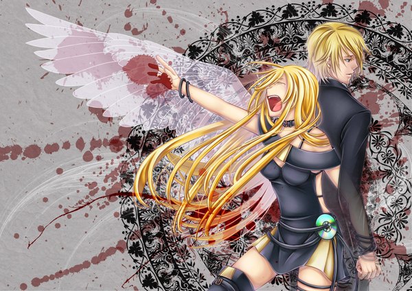 Anime picture 1680x1188 with vocaloid lily (vocaloid) tagme (artist) long hair short hair open mouth blonde hair eyes closed tears holding hands angel wings crying ghost transparent girl boy skirt wings bracelet blood