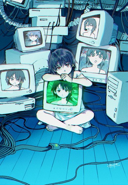 Anime picture 798x1151 with serial experiments lain iwakura lain 203wolves single tall image looking at viewer fringe short hair black hair sitting brown eyes signed full body indoors barefoot floor asymmetrical hair indian style girl dress