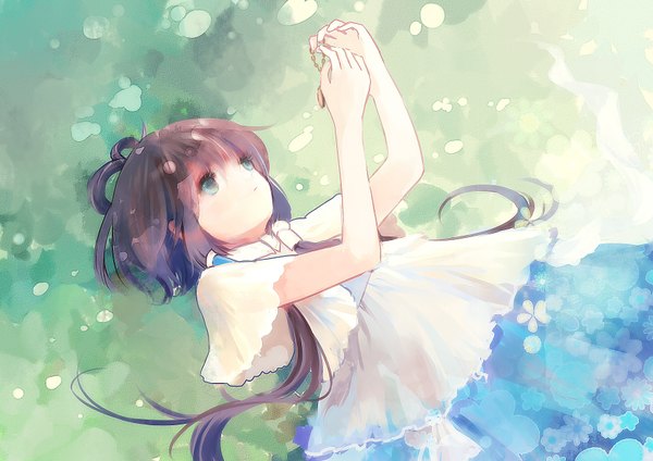 Anime picture 3507x2480 with vocaloid luo tianyi aki single long hair fringe highres blue eyes brown hair twintails absurdres lying from above sunlight outstretched arm looking up girl dress clock blue dress