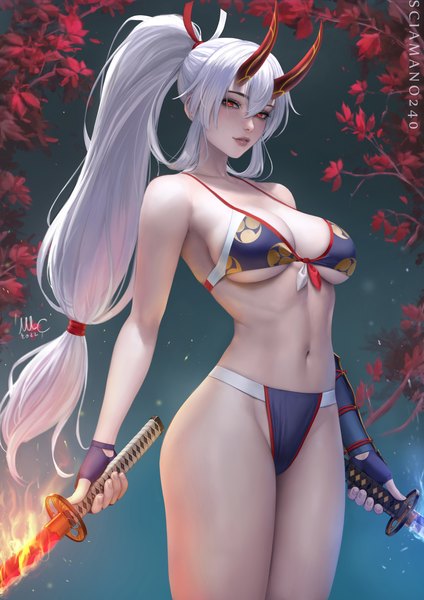 Anime picture 2120x3000 with fate (series) fate/grand order tomoe gozen (fate) sciamano240 single long hair tall image looking at viewer blush fringe highres breasts light erotic hair between eyes red eyes large breasts standing holding signed white hair