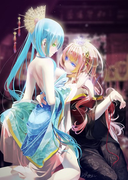 Anime picture 1920x2688 with vocaloid hatsune miku megurine luka okingjo long hair tall image looking at viewer fringe highres breasts blue eyes light erotic smile hair between eyes twintails multiple girls green eyes signed red hair traditional clothes