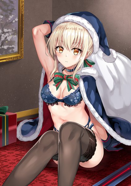 Anime picture 1000x1414 with fate (series) fate/grand order artoria pendragon (all) santa alter harimoji single long hair tall image looking at viewer blush fringe breasts light erotic blonde hair hair between eyes sitting yellow eyes payot indoors arm up