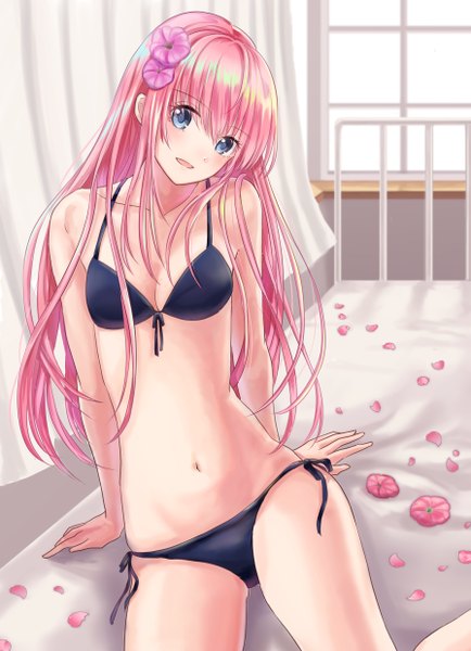 Anime picture 1792x2476 with original fuwa single long hair tall image looking at viewer blush fringe highres breasts open mouth blue eyes light erotic smile hair between eyes sitting bare shoulders pink hair indoors head tilt