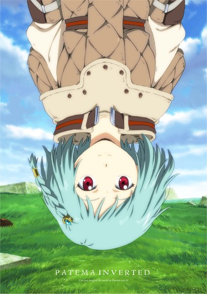 Anime picture 1608x2281 with sakasama no patema patema single tall image looking at viewer fringe short hair red eyes sky cloud (clouds) braid (braids) aqua hair single braid upside down girl plant (plants) grass