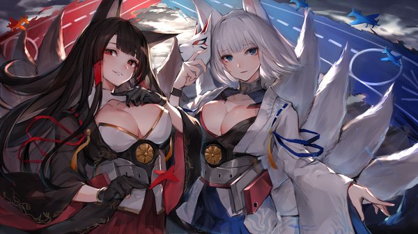 Anime picture 3000x1687 with azur lane akagi (azur lane) kaga (azur lane) watao long hair looking at viewer blush fringe highres short hair breasts blue eyes light erotic red eyes brown hair wide image large breasts multiple girls animal ears cleavage