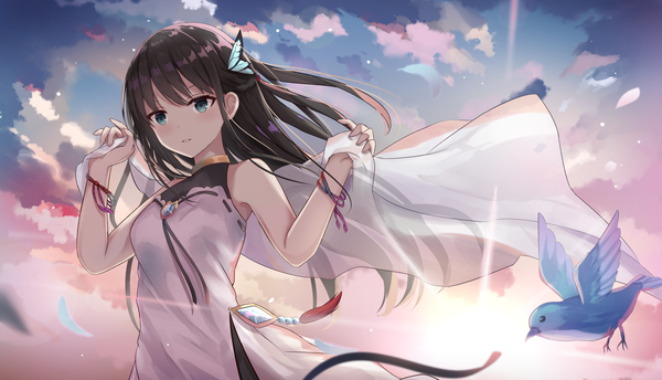 Anime picture 2556x1466 with original touhourh single long hair blush fringe highres brown hair wide image standing bare shoulders holding green eyes looking away cloud (clouds) parted lips wind sunlight evening sunbeam