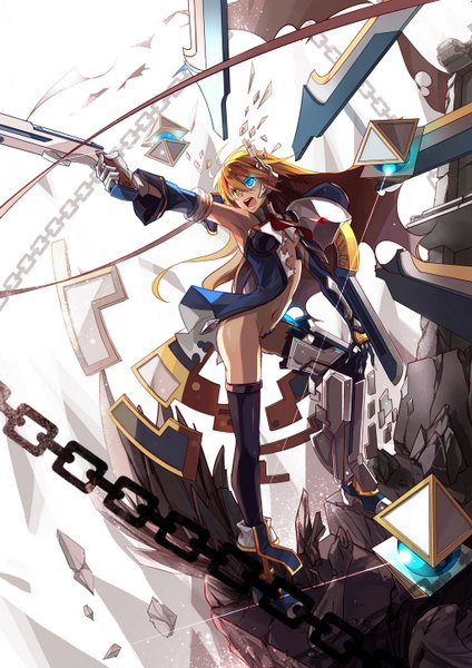 Anime picture 1024x1448 with blazblue noel vermillion mu-12 selenoring single long hair tall image open mouth blonde hair heterochromia outstretched arm girl thighhighs navel weapon black thighhighs gun chain