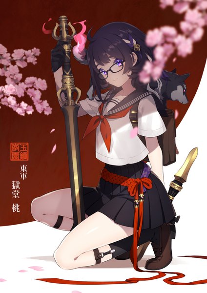 Anime picture 1000x1414 with original ni02 (asahi nini) single tall image looking at viewer short hair black hair purple eyes full body ahoge bent knee (knees) head tilt pleated skirt cherry blossoms squat arm behind back girl skirt gloves uniform