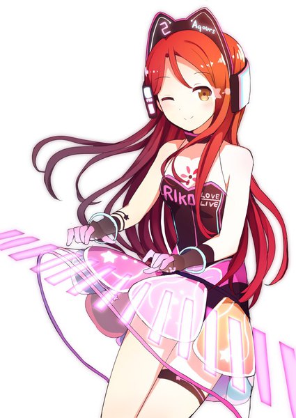 Anime picture 708x1000 with love live! sunshine!! sunrise (studio) love live! sakurauchi riko aabtcndneefkg single long hair tall image looking at viewer blush fringe simple background hair between eyes white background bare shoulders yellow eyes purple hair red hair one eye closed multicolored hair