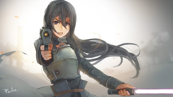 Anime picture 1280x720 with sword art online a-1 pictures kirigaya kazuto pandea work single long hair looking at viewer fringe open mouth black hair wide image standing holding brown eyes otoko no ko glowing weapon boy uniform weapon sword