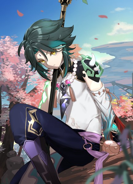 Anime picture 868x1202 with genshin impact xiao (genshin impact) nyori single tall image looking at viewer short hair sitting yellow eyes ahoge green hair cherry blossoms forehead mark boy weapon spear vision (genshin impact)