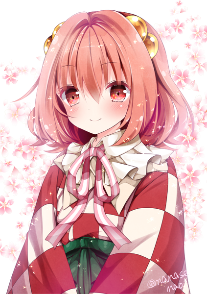 Anime picture 595x842 with touhou motoori kosuzu nanase nao single tall image looking at viewer blush fringe short hair smile red eyes white background signed payot upper body red hair traditional clothes two side up checkered hair bell
