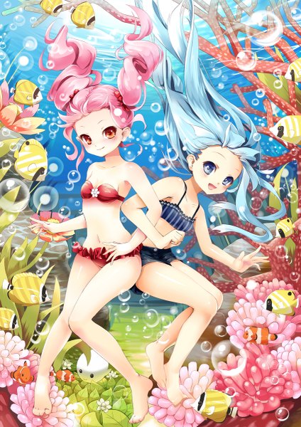 Anime picture 849x1200 with original amajita long hair tall image looking at viewer blush open mouth blue eyes light erotic red eyes twintails multiple girls blue hair pink hair underwater girl flower (flowers) 2 girls swimsuit bikini