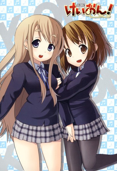 Anime picture 2380x3460 with k-on! kyoto animation hirasawa yui kotobuki tsumugi kakifly long hair tall image highres short hair open mouth blue eyes blonde hair smile brown hair multiple girls brown eyes pleated skirt scan official art girl