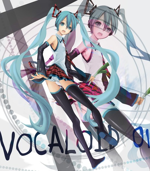 Anime picture 1200x1365 with vocaloid hatsune miku kari kenji single long hair tall image open mouth light erotic twintails looking back aqua eyes aqua hair pantyshot zoom layer girl detached sleeves thigh boots leek