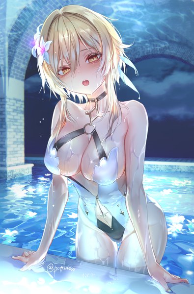 Anime picture 5200x7900 with genshin impact lumine (genshin impact) pottsness single tall image looking at viewer blush fringe highres short hair breasts open mouth light erotic blonde hair hair between eyes large breasts standing signed yellow eyes absurdres
