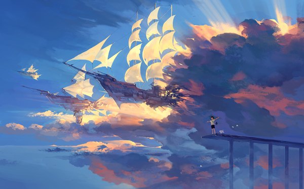 Anime picture 1400x873 with original hanyijie single short hair open mouth brown hair wide image sky cloud (clouds) wind sunlight spread arms animal t-shirt child (children) aircraft airship sailing-ship