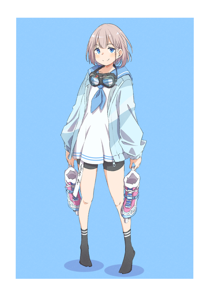 Anime picture 1066x1491 with idolmaster idolmaster shiny colors serizawa asahi eito12 single tall image looking at viewer short hair blue eyes simple background blonde hair smile holding full body border blue background shoes removed goggles around neck girl socks