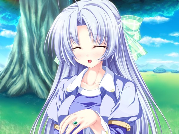 Anime picture 1600x1200 with magus tale whirlpool (studio) alicia infans tenmaso long hair blush open mouth game cg sky purple hair cloud (clouds) ahoge eyes closed light smile girl bow plant (plants) hair bow tree (trees) ring