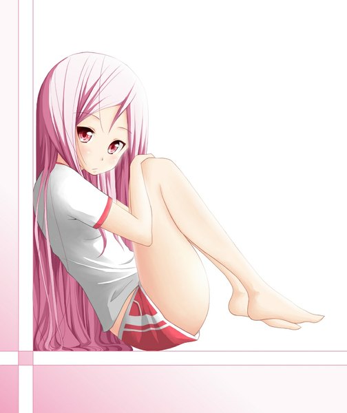 Anime picture 843x1004 with pangya lucia noppi (noppi 98) single long hair tall image looking at viewer blush simple background red eyes white background pink hair full body legs girl uniform gym uniform