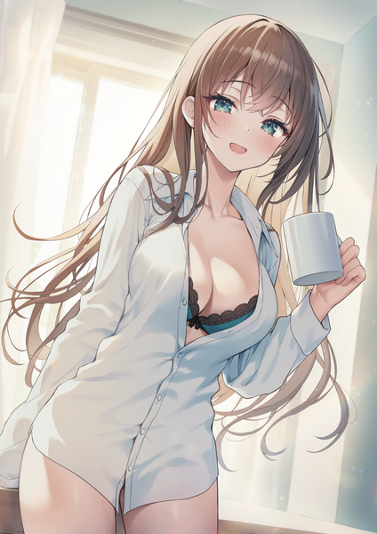 Anime picture 1414x2000 with original kuro futoshi single long hair tall image looking at viewer blush fringe breasts open mouth light erotic hair between eyes brown hair large breasts :d aqua eyes partially open clothes girl shirt lingerie
