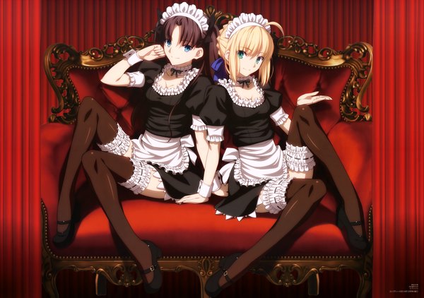 Anime picture 8613x6067 with fate (series) fate/stay night type-moon artoria pendragon (all) saber toosaka rin takeuchi takashi long hair looking at viewer highres short hair blue eyes black hair blonde hair smile multiple girls absurdres ahoge official art maid