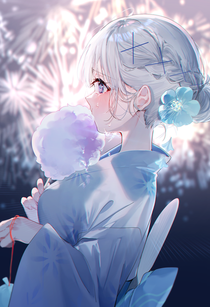 Anime picture 990x1447 with original miwano rag single tall image blush fringe short hair purple eyes holding silver hair upper body outdoors traditional clothes japanese clothes profile hair flower night wide sleeves hair bun (hair buns) tears