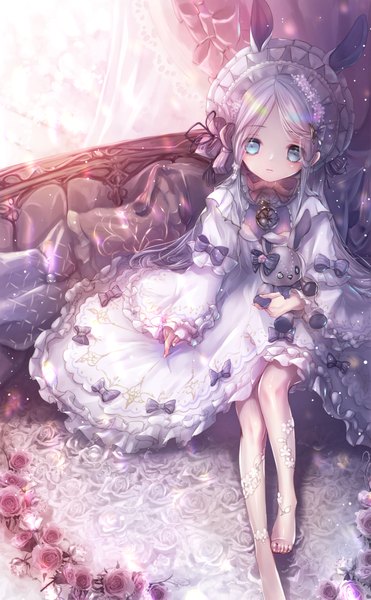Anime picture 2904x4693 with original hane segawa single long hair tall image looking at viewer blush fringe highres blue eyes sitting animal ears payot silver hair fingernails from above bunny ears no shoes frilled dress girl