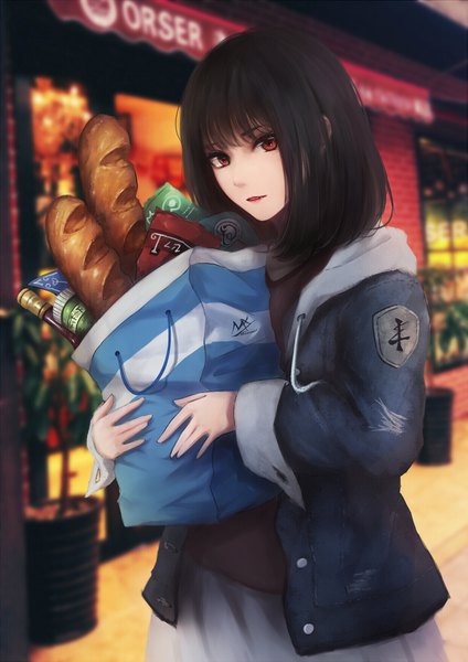 Anime picture 1240x1753 with original shimmer single tall image looking at viewer fringe short hair black hair red eyes standing holding outdoors long sleeves parted lips blurry open jacket depth of field lipstick red lipstick makeup