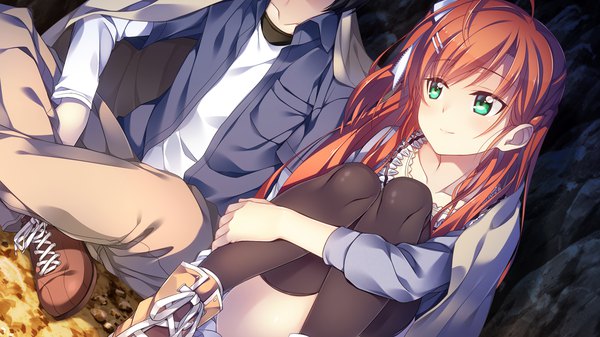 Anime picture 1280x720 with omokage ichinose minato long hair wide image sitting green eyes looking away game cg red hair couple lacing girl thighhighs boy ribbon (ribbons) black thighhighs hair ribbon boots hairclip cross-laced footwear