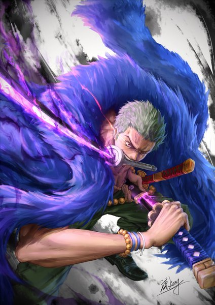 Anime picture 676x957 with one piece toei animation roronoa zoro liang jian single tall image looking at viewer short hair red eyes standing holding signed one eye closed green hair fur trim mouth hold glowing scar glowing eye (eyes) fighting stance