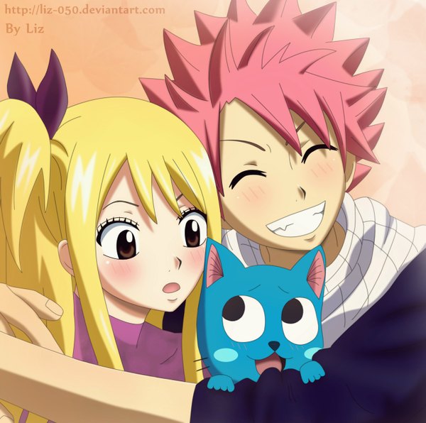 Anime picture 2655x2640 with fairy tail lucy heartfilia natsu dragneel happy (fairy tail) liz-050 long hair blush highres short hair open mouth blonde hair smile brown eyes pink hair eyes closed black eyes hug grin girl boy
