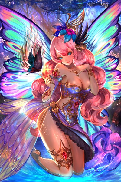 Anime picture 700x1049 with original rua (k-tie) single long hair tall image looking at viewer breasts blue eyes light erotic pink hair insect wings butterfly wings girl dress wings water insect butterfly