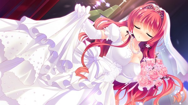 Anime picture 2048x1152 with love love life skyfish (studio) akemiya sakura rubi-sama long hair blush highres wide image game cg red hair eyes closed wedding girl dress gloves flower (flowers) elbow gloves tiara bouquet wedding dress