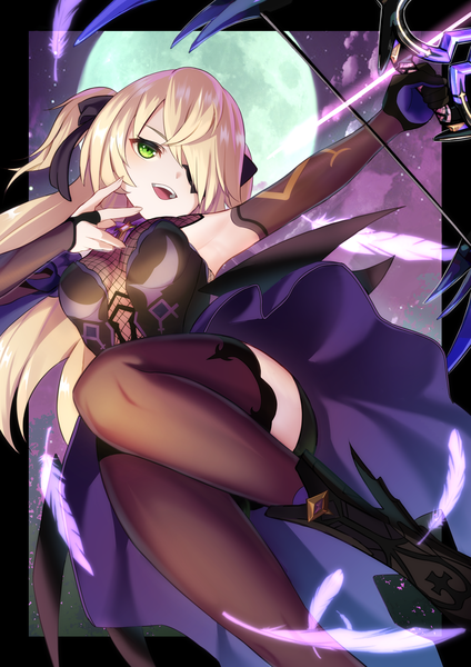 Anime picture 2894x4093 with genshin impact fischl (genshin impact) ewaaawa single long hair tall image fringe highres breasts open mouth light erotic blonde hair smile bare shoulders green eyes looking away :d hair over one eye night armpit (armpits)